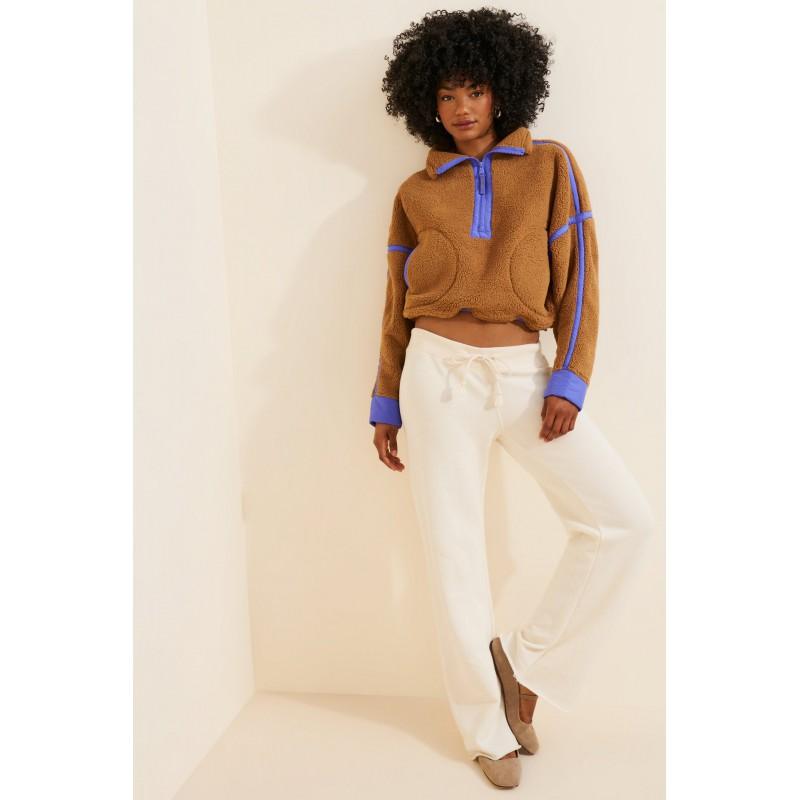 Womens Color Block Stand Collar Half Zip Fleece Sweatshirt Loose Street Sporty Top