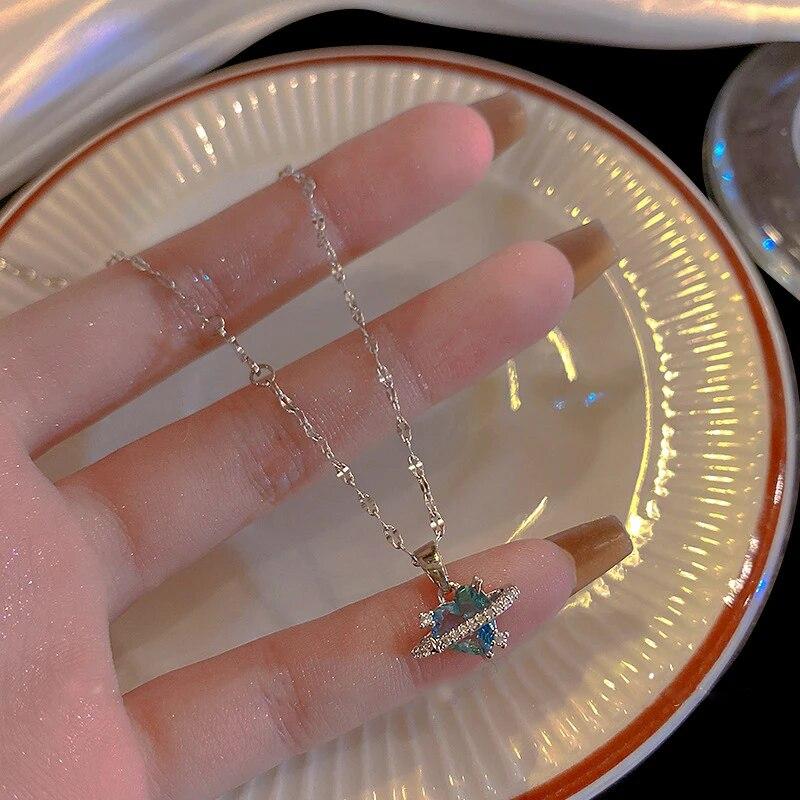 Корейская модная винтажная подвеска с синим кристаллом серебряного цвета, цепочка с космической звездой, ожерелье на шею для женщин, свадебные эстетические украшения