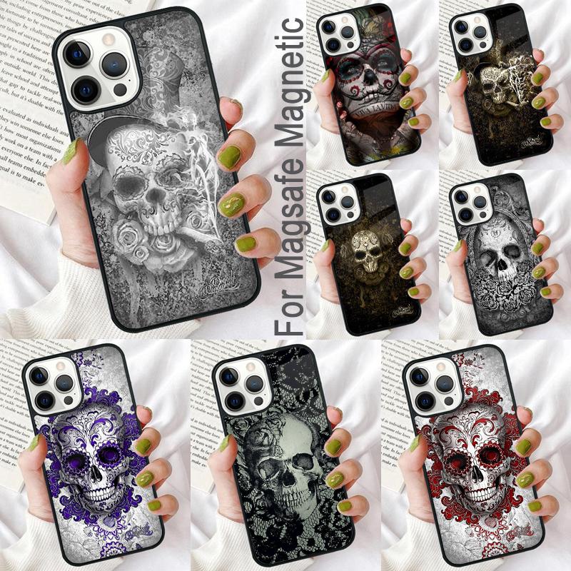 calaveras floral sugar skull Soft Phone Case for iPhone 17 Air 16e Pro max 15 Pro 13 14 Plus 11 12 MagSafe Magnetic Coque