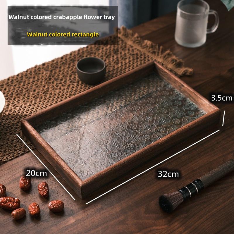 Vintage Wood Crabapple Glass Walnut Snack Storage Box Rectangular Tea Tray Dried Fruit Dim Sum Tray Household Tray