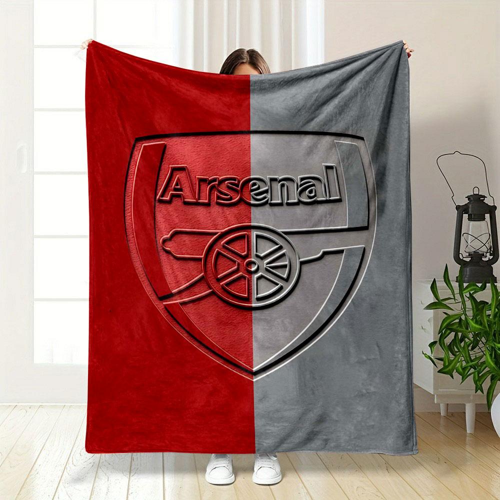 A shield logo split into red and gray halves with embossed text and a cannon. for all seasons blanket lunch break throw gift