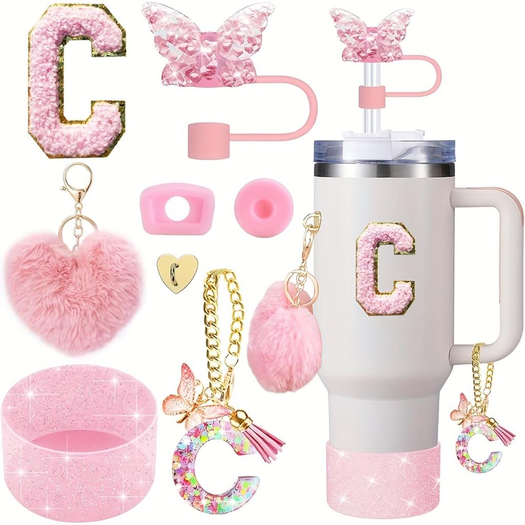 8pcs Cup Accessories for Cup 30oz 40oz Includes Butterfly Straw Cover Cap Silicone Boot Alphabet Handle Charm Initials Sticker