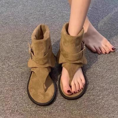 Версия из мягкой кожи ретро носок короткий голенище крутые ботинки женские 2025 новая летняя нишевая универсальная модная платформа модные сандалии