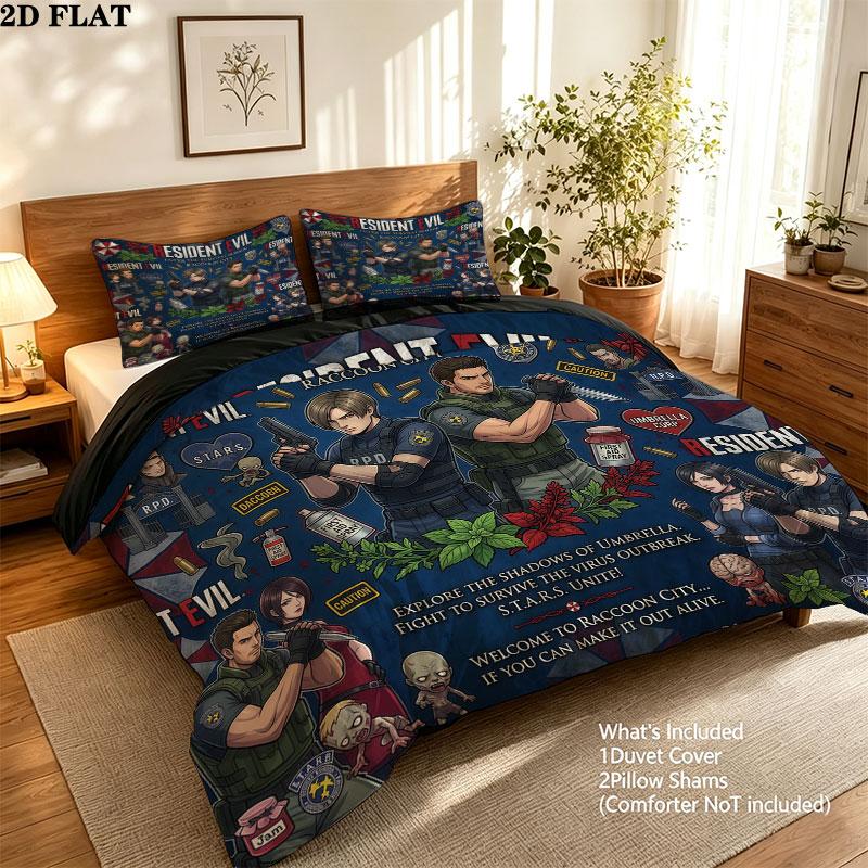 Resident Evil Pattern Bedding Quilt Set Quilt Cover Pillowcase Home Birthday Gift(1 * duvet cover + 2 * pillowcase, without core)