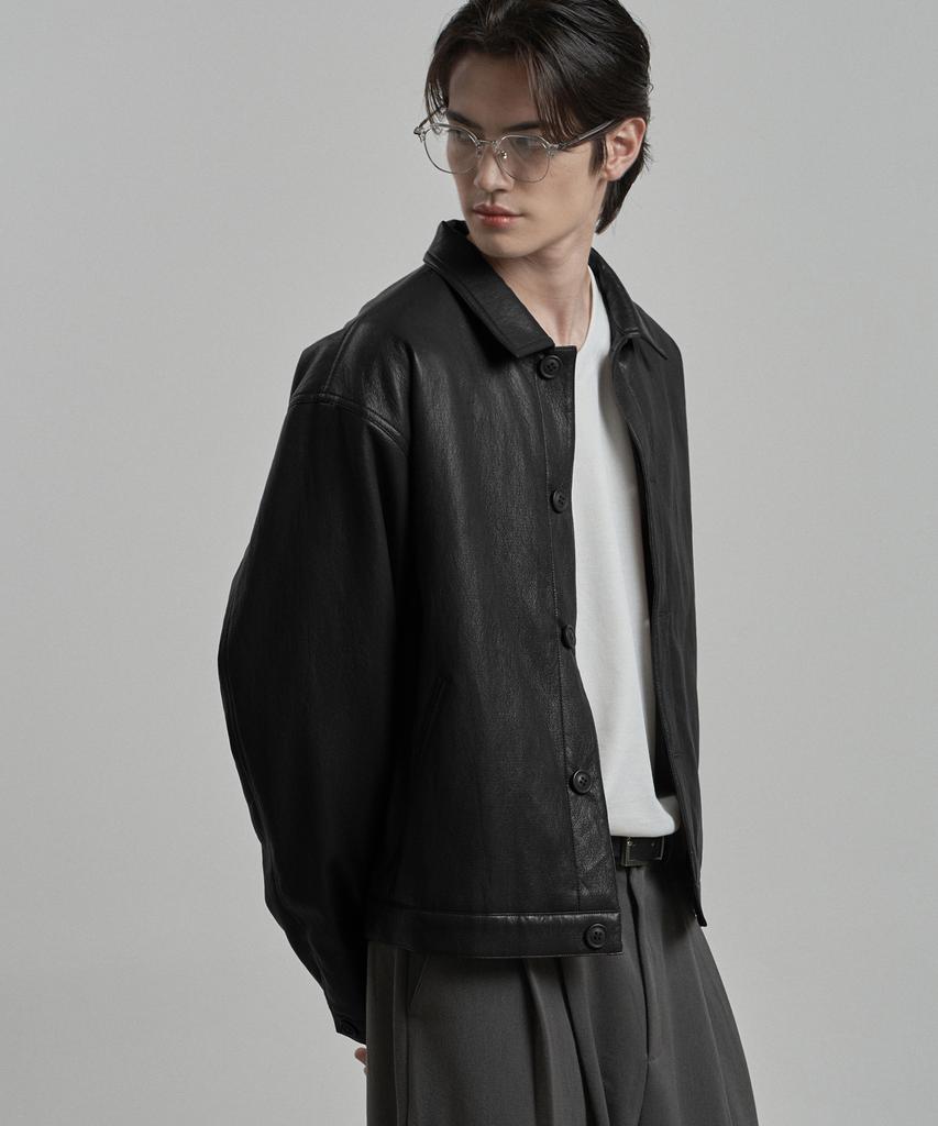 WORK ON BODY OFF Epure Regular Fit Button Leather Jacket [Black]