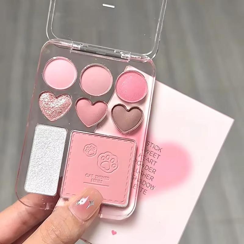 Pink Orange Eyeshadow Palette 8-Colors Facial Blusher Highlighters Brightening Lasting Heart-shaped Eye Shadow Make Up Cosmetics
