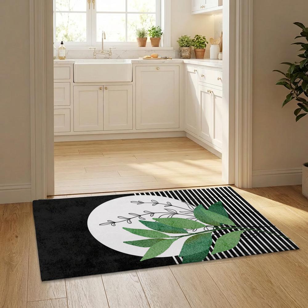 Modern Green Leaves Flowers Floor Mat Flannel Door Mat Non-Slip Bedroom Living Room Home Decor