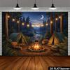 2D flat camping theme banner background - Forest moonlit campfire camping theme