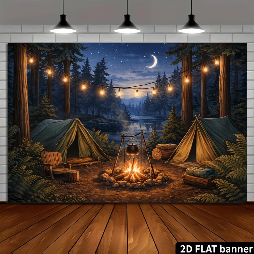 2D flat camping theme banner background - Forest moonlit campfire camping theme