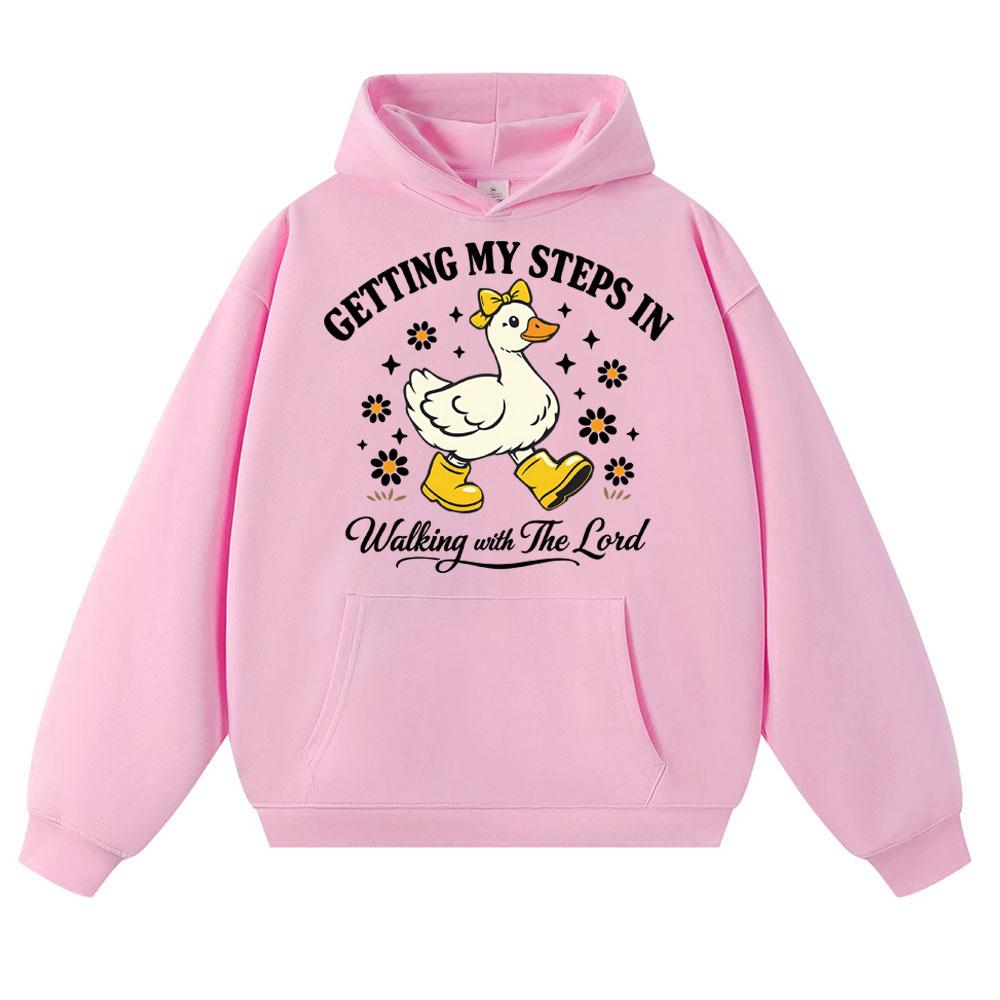 Funny Getting My Steps in Walking with The Lord Hoodies Men Women Christian Goose Boots Sportwear Loose Fleece Casual Pullover