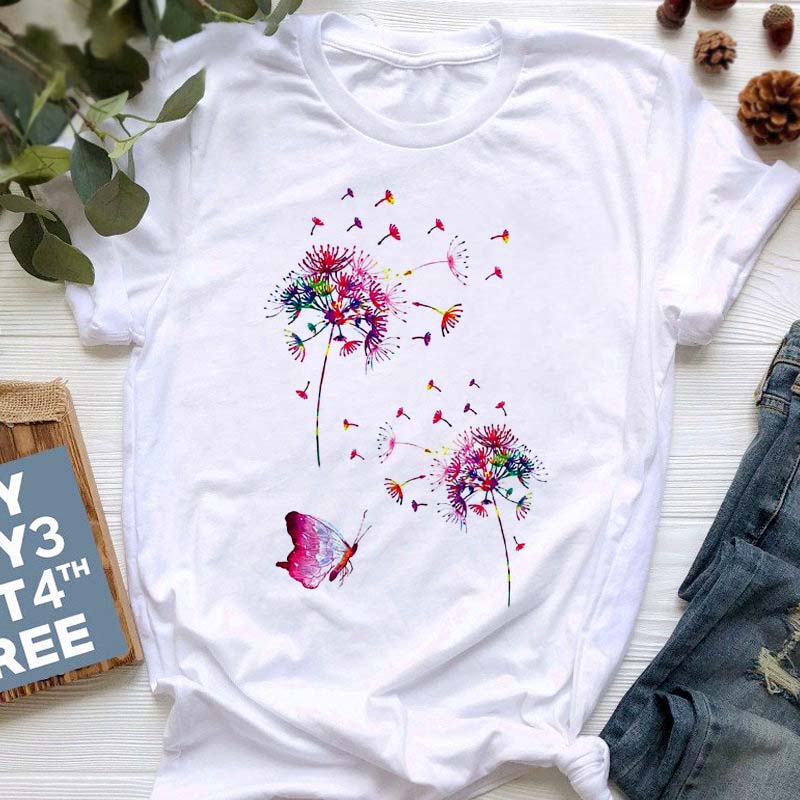 Летняя женская футболка с принтом одуванчика, свободные женские рубашки больших размеров, повседневная футболка с коротким рукавом, топ, черные модные футболки с круглым вырезом