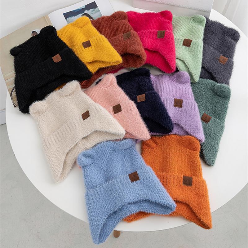 New Women Candy Colors Earflap Beanie Fashion Faux Fur Knitted Hat Lovely With Cat Ear Soft Beanie Hats Female Streetwear Hat