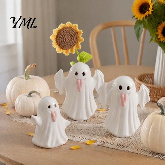 Ceramic Ghost Night Light Up Figurines for Halloween Decor, Cute White Statue Craft with Pink Tongue, LED Home Table Office Desk Decorations