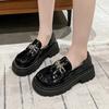 Fashion New Women's Patent Leather Thick Sole Loafers Square Heel Round Head Metal Decoration Ladies Shoes Anti-slip Comfortable Leisure