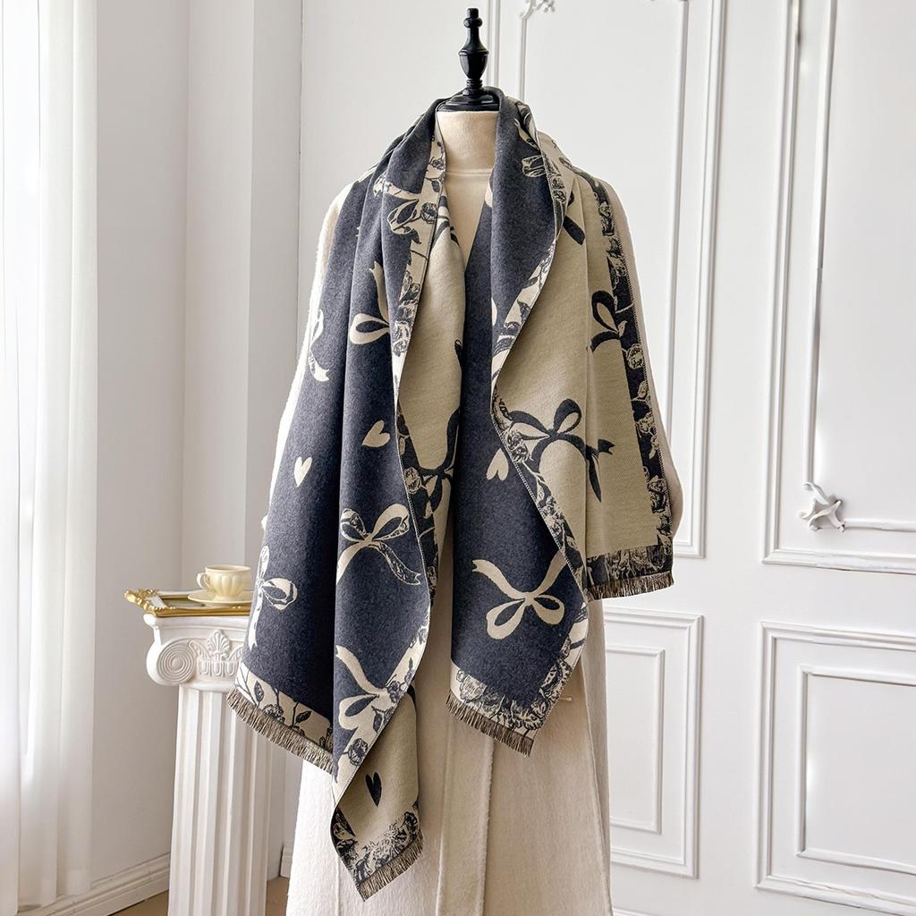 Women New Elegance Bow Print Scarf Winter Warmer Pashmina Two-Sided Scarves Female Shawls Thick Blanket Wraps Foulard Scarf