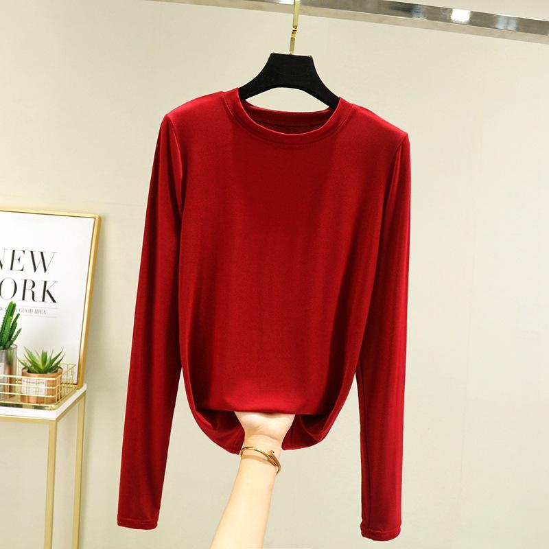 Модальная однотонная базовая футболка с круглым вырезом и длинными рукавами, женские осенние футболки, универсальные футболки, майка больших размеров
