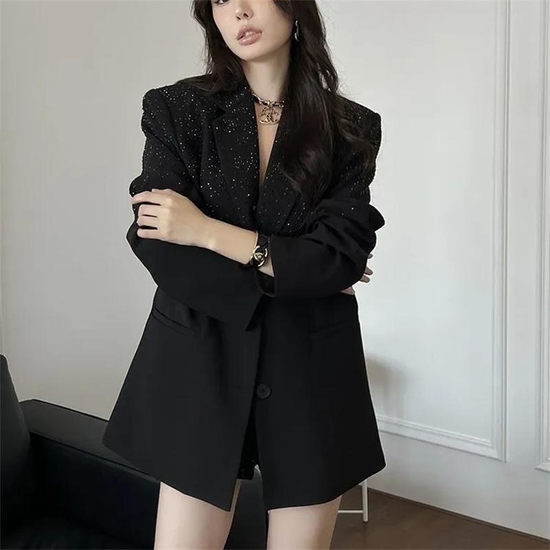 Женский костюм на весну и осень, воротник, стразы, блестящие пуговицы, длинный рукав, свободный тонкий топ