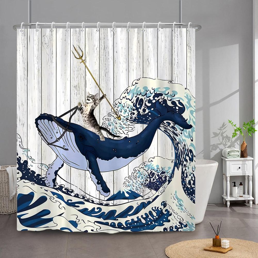 Funny Cat Shower Curtain Cute Cool Kitty Riding Whale Cartoon Animal Ocean Wave Children Bathroom Curtain Waterproof With Hooks