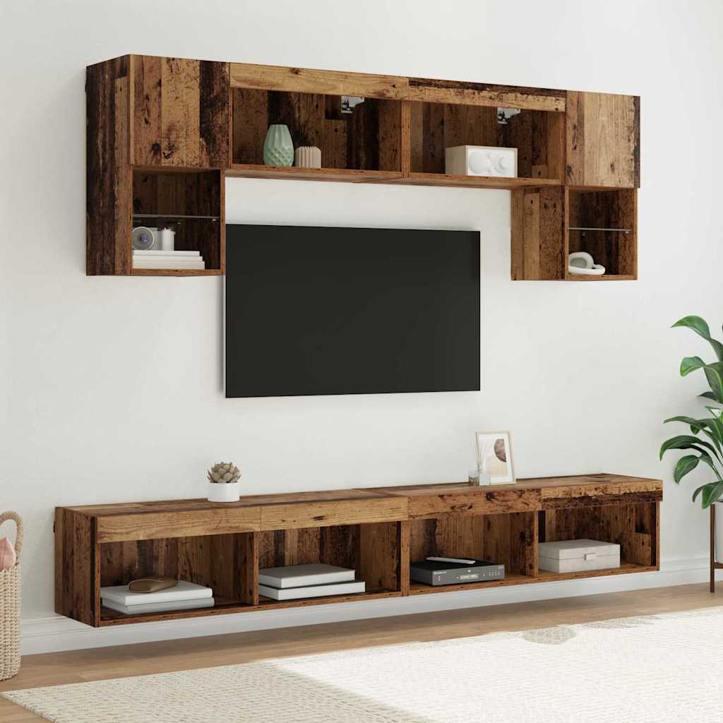 TV Wall Unit with LED 6 pcs Reclaimed Wood Composite