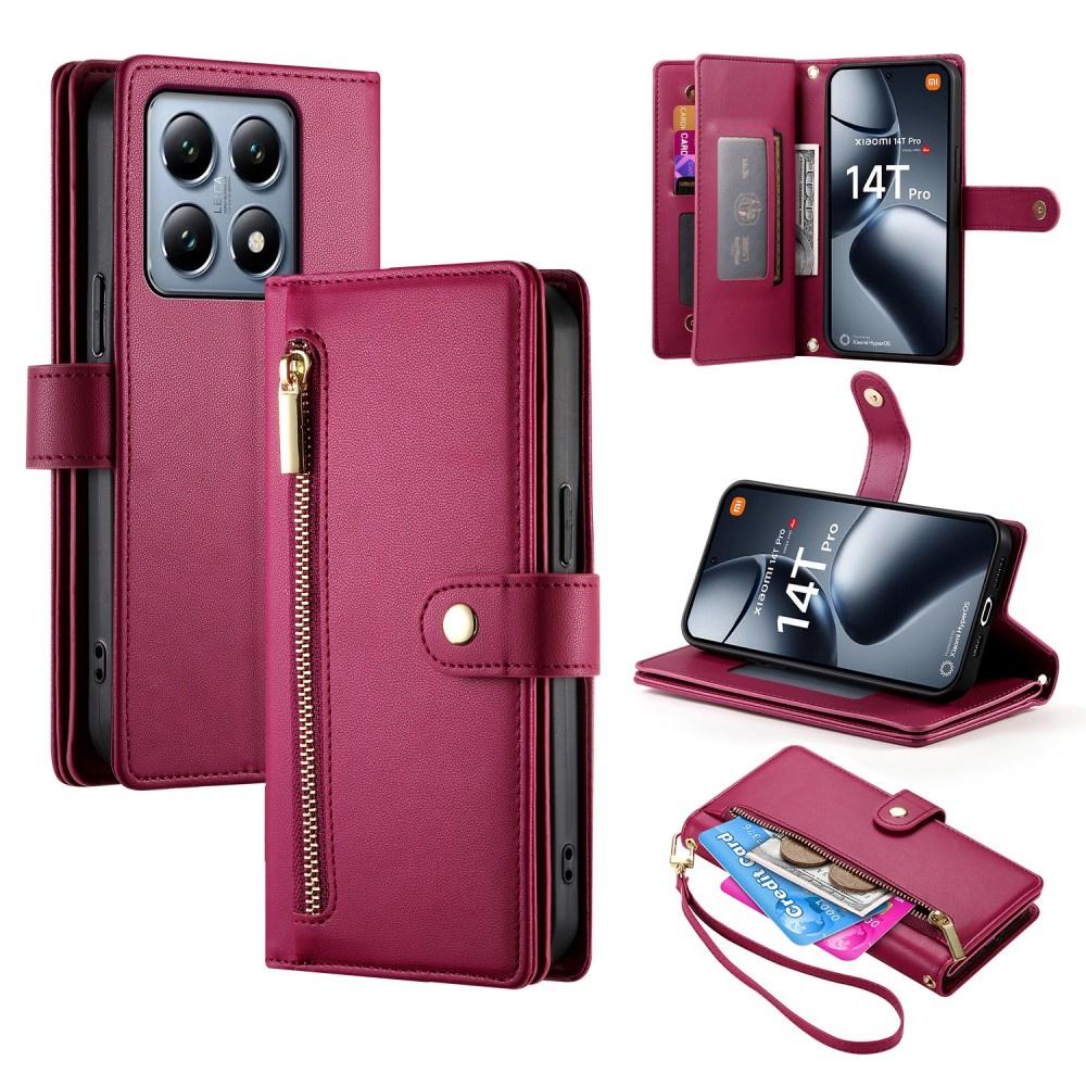 Flip Case for Xiaomi 14T Pro, Wallet Zipper Pocket, Red