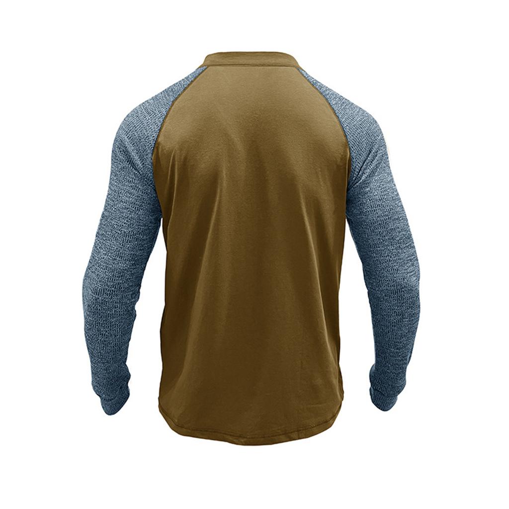 Men's Round Neck Ribbed Long Sleeved Bottoming Shirt Tough Guy Contrast Color Retro Button Men's T-shirt Top