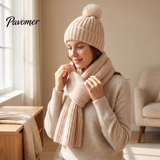 Fashionable Vertical Stripe Knitwear Winter Hat Scarf Gloves Set, Knitted with Pompom, Touch Screen Gloves, Cold Weather Essential Set Warm