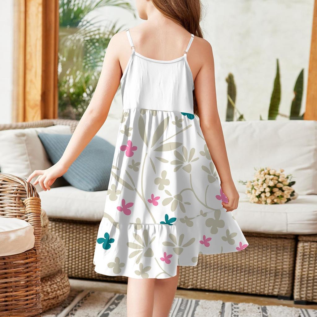 The Summer Children Condole Girls Printed Sleeveless Cute Flower Princess Leisure Dresses