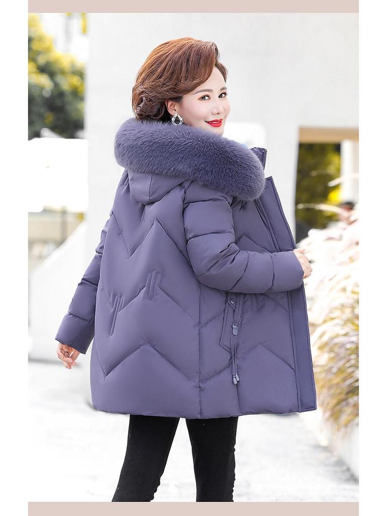 Mom's Mid-Length Fleece-Lined Down Cotton Coat - Petite, Middle-Aged & Elderly Women's Winter Jacket