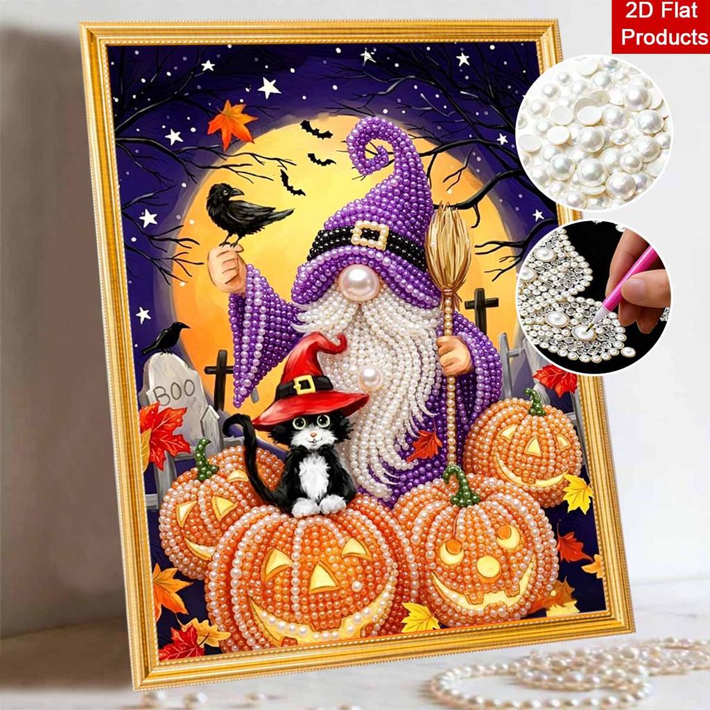 Halloween pearl painting art full pearl gnome pumpkin cat witch hat handmade diy home decorations
