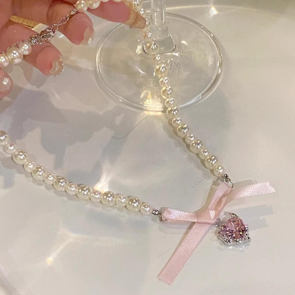 iF ME Ожерелье с розовым цирконием и бантом в форме сердца, сладкий искусственный жемчуг, колье-цепочка из бисера для женщин, ювелирные аксессуары