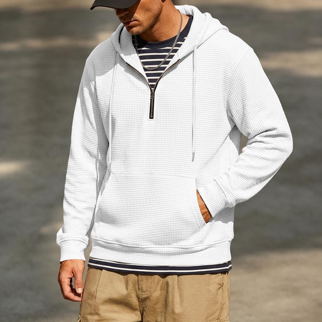 Men’s New Autumn/Winter Casual and Versatile Waffle-Pattern Half-Zip Hooded Pullover