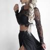 O-Neck Long Sleeve Embroidery Pattern Crop Top Women See-Through Floral Lace Blouse