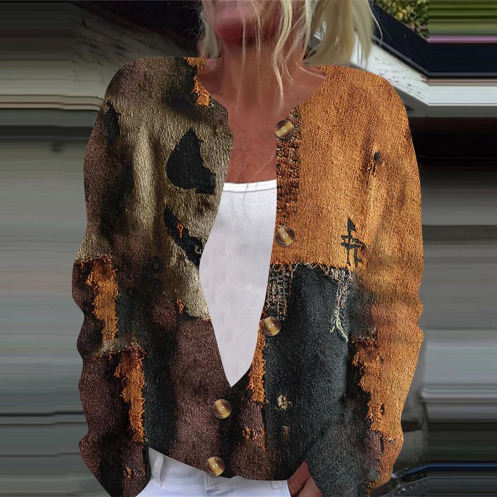 Women's Fashion Printed Long Sleeve Knitted Cardigan Button Down Jacket