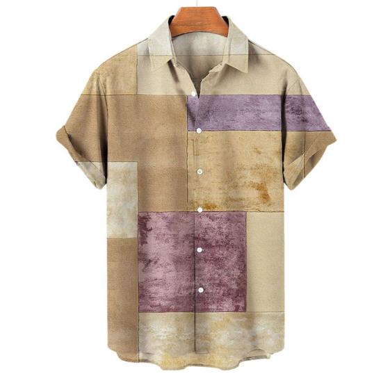 Short Sleeves Lapel Men Shirt Geometric Print Buttons Closure Sweat Absorbent Breathable Casual Striped Hawaiian Print Shirt Streetwear