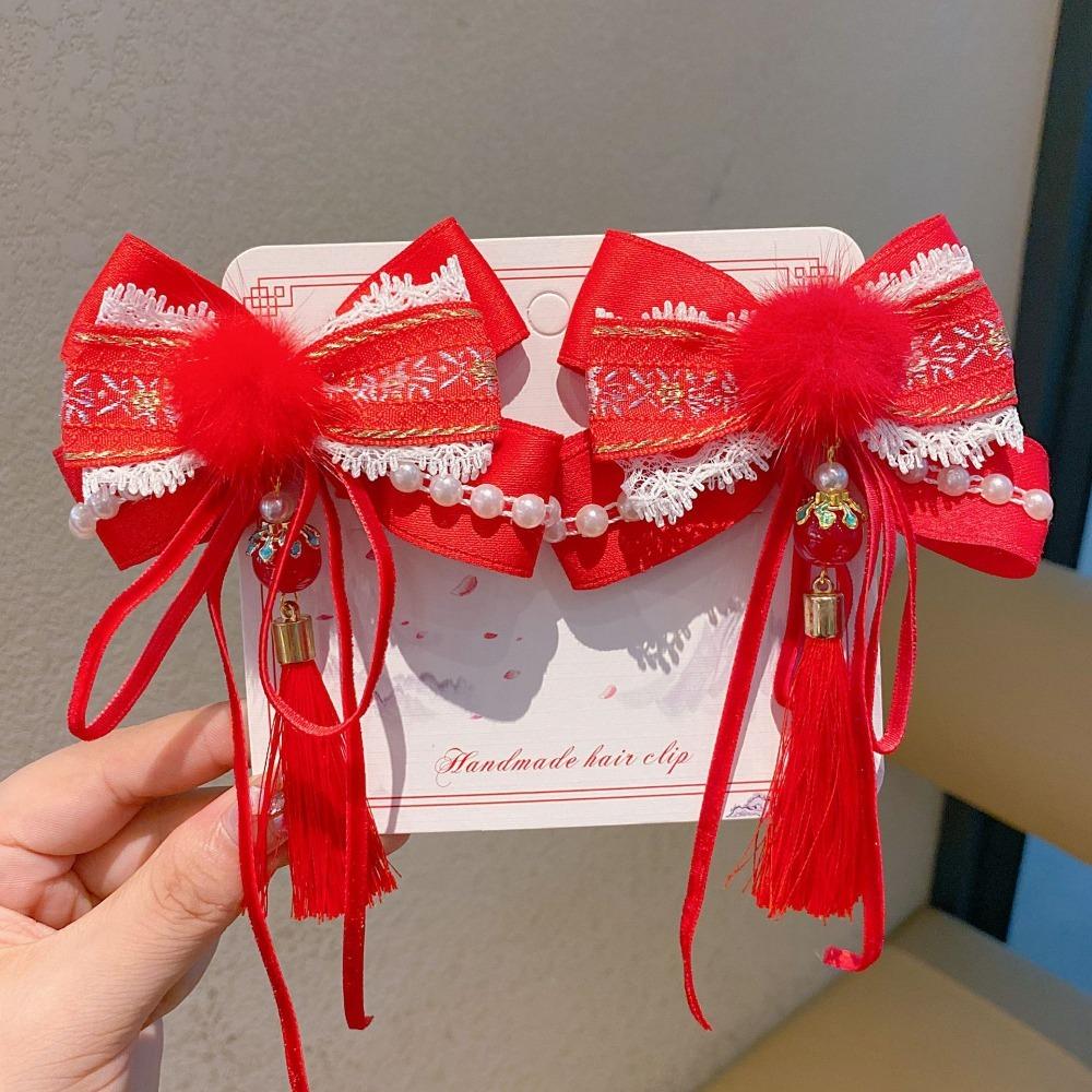 Детская заколка для волос с бантом, китайская заколка для волос, плюшевый шарик, заколка для волос в древнем стиле, вышитый бант, головной убор, подарок