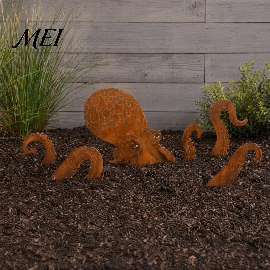 Octopus Garden Ornament Rust Patina Giant Squid Sculpture, 3D Metal Nautical Outdoor Patio Decoration Statue for Lawn Beach House Decor