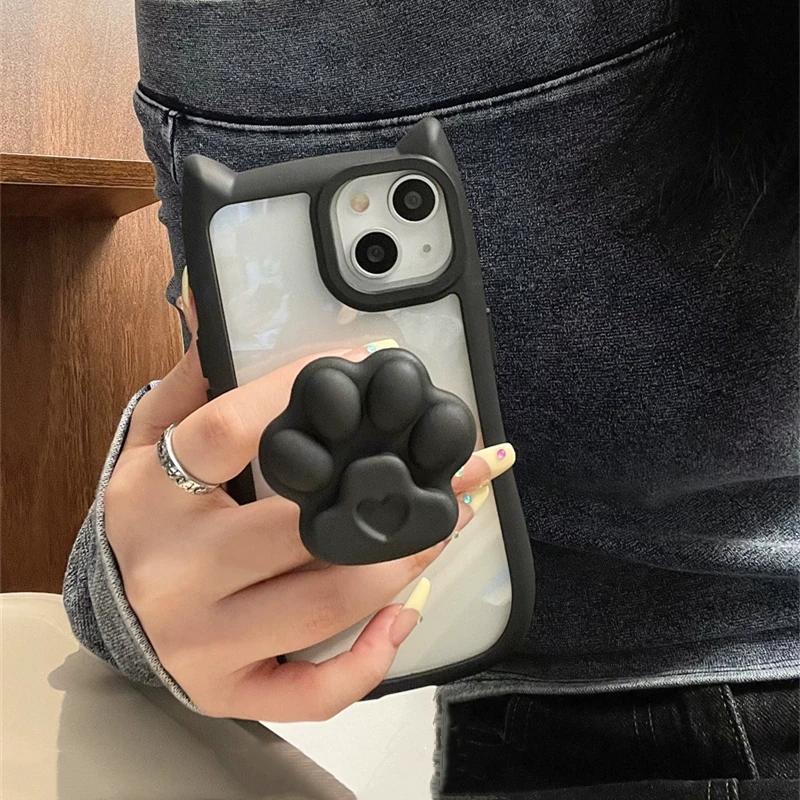 Милый держатель-лапка кошки Чехол для iPhone 17 Air 16 15 13 12 14 11 Pro Max Plus Мультяшный Прозрачный Мягкий Чехол Kawaii Силиконовый Чехол