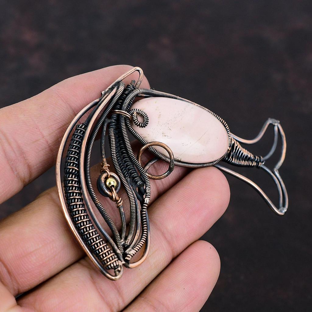 Подвеска из розового опала, подвеска из медной проволоки, подвеска ручной работы, ювелирные изделия из драгоценных камней, подвеска в виде рыбы, подарок для нее, красивые медные украшения