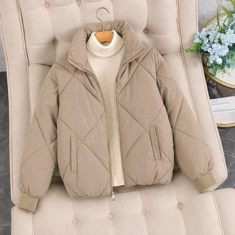 Womens Short Puffer Jacket Winter Warm Cotton-Padded Coat Loose Fit Stand Collar Black Beige Khaki S M L XL