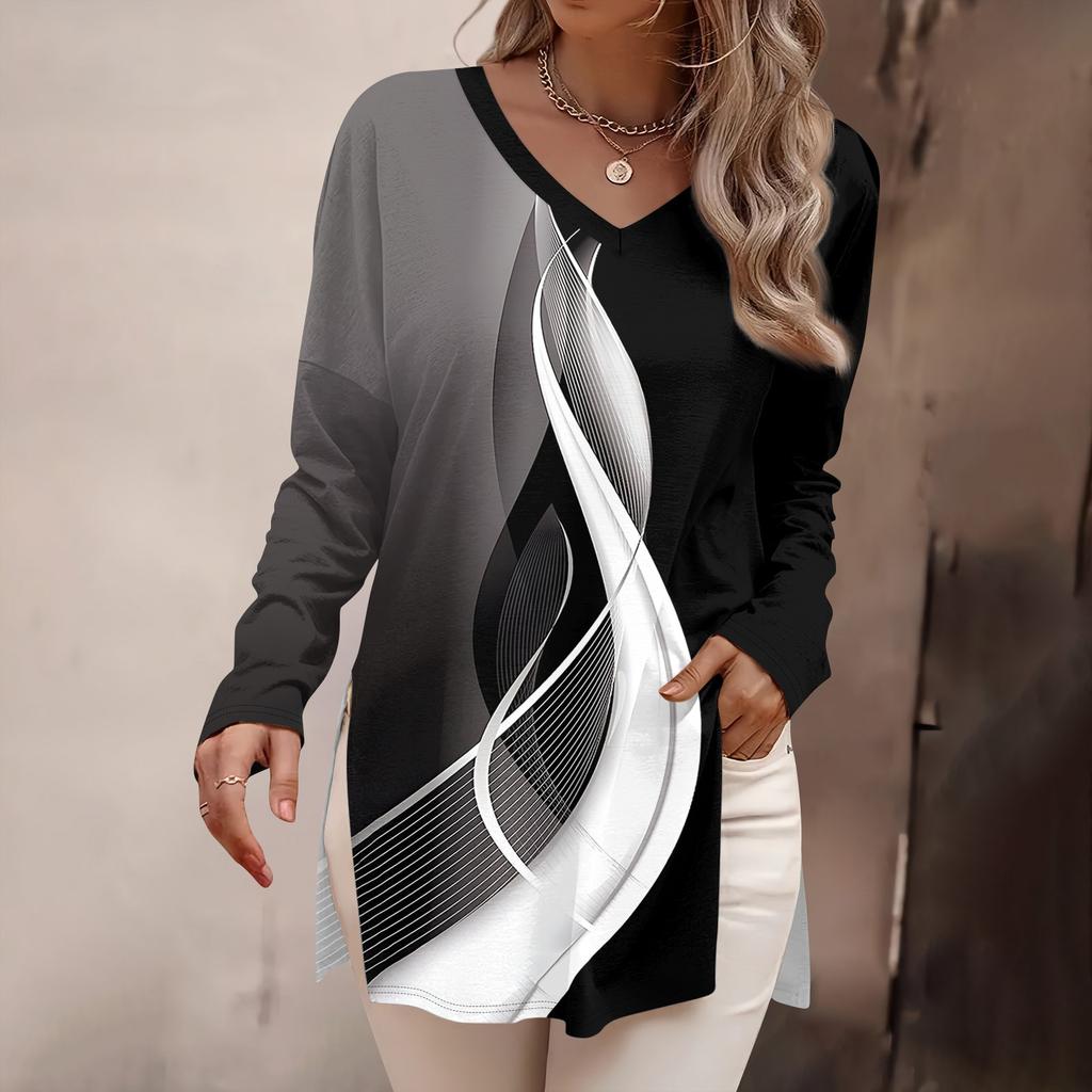 Women's Fashion Long Sleeve Shirts Print Loose Fitted V-Neck Basic Tops Casual Outfits