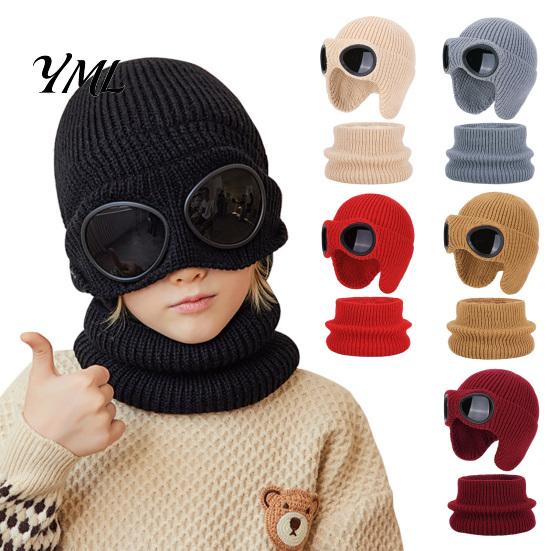 Boys Girls Thermal Winter Accessories 1 Set Knit Hat Neck Warmer for Kids, Earflap with Goggles, Playful Goggle Decor Kids Fleece Lined Aviator