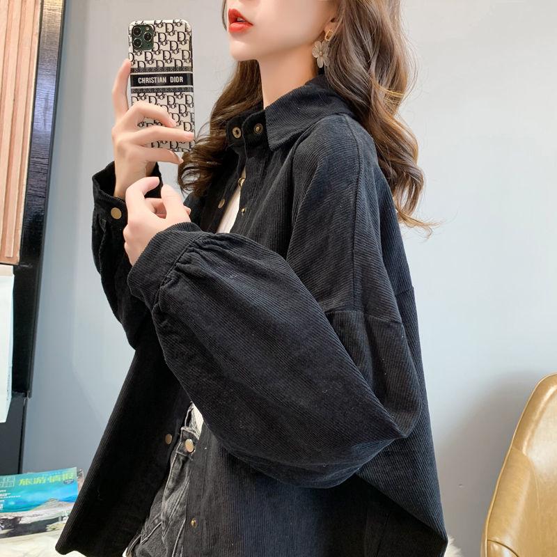 Корейская повседневная вельветовая куртка-рубашка с отложным воротником для женщин, средней длины с длинными рукавами, коллекция весна-осень 2025