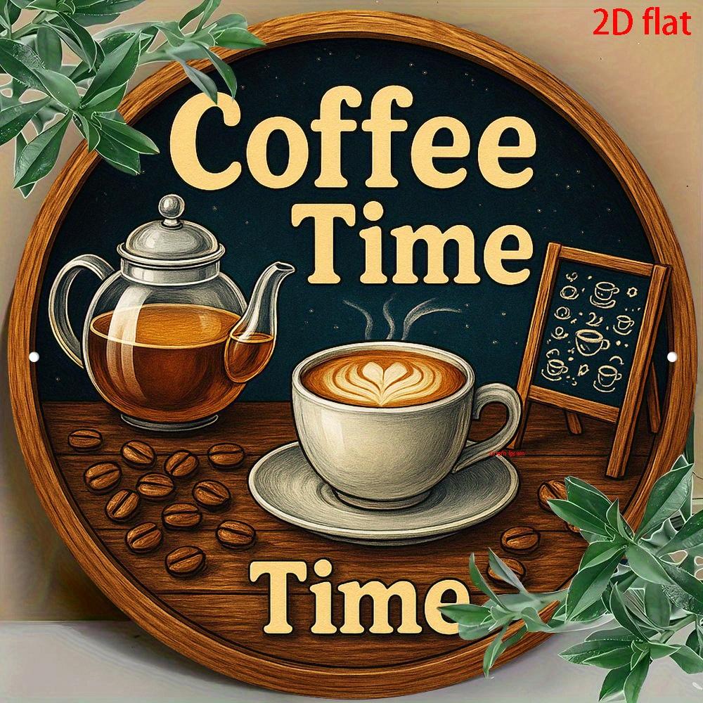 D Flat D Flat pc Vintage Coffee and Tea Time Aluminum Sign (xcm) Round Plaque Decor Suitable for Wall Living Ro