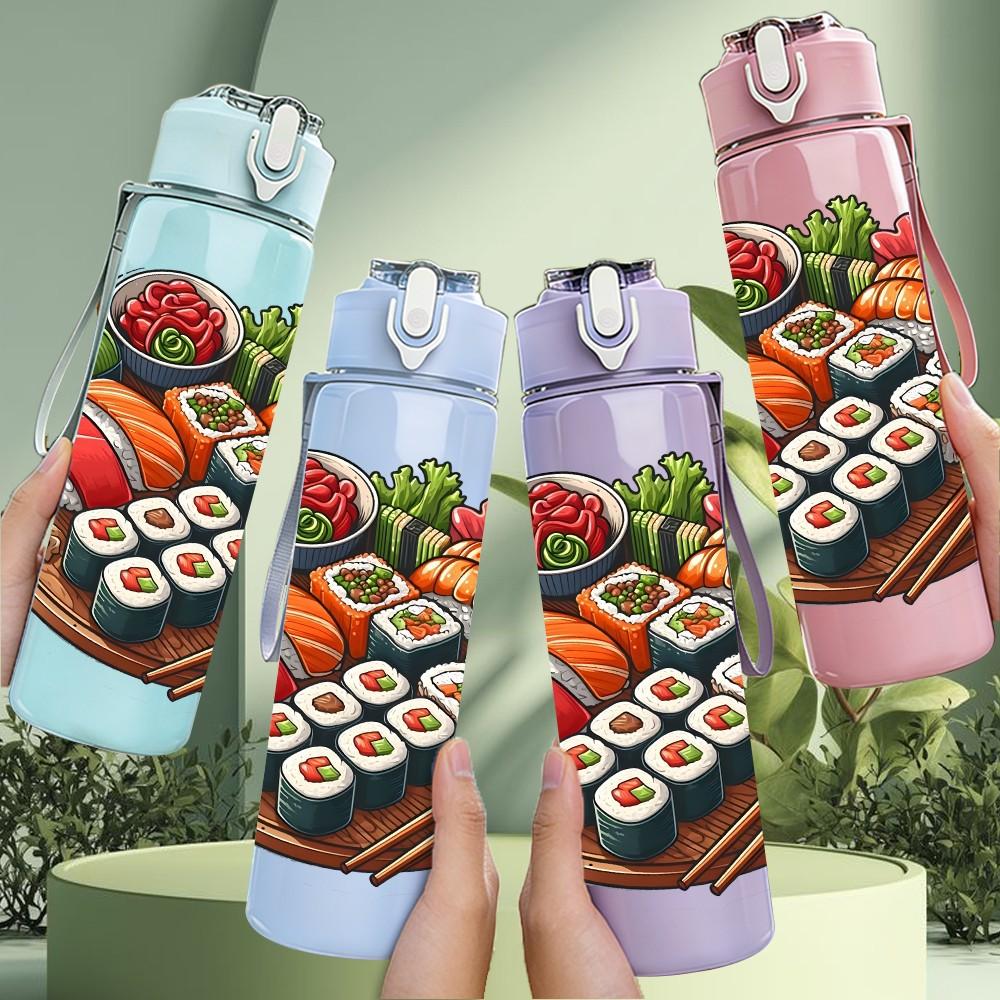 1PC Fresh Sushi Seafood Food Art Print 750ml Color Plastic Sports Water Bottle Leakproof Flip Straw Lid Suitable for Sports Office Home Use