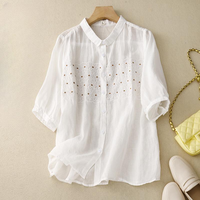 Summer Artistic Loose Embroidery Flower Cotton Linen Short Sleeved Shirt Women's Shirt Top