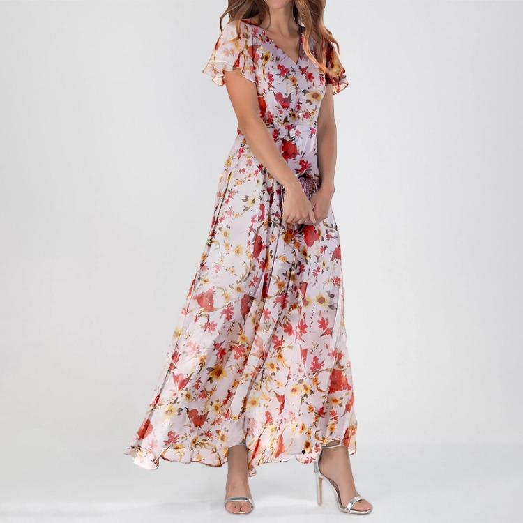Maxi Dresses Casual for Women Summer Elegant Cute Flowing Wedding Guest Short Sleeve Chiffon Floral Dresses