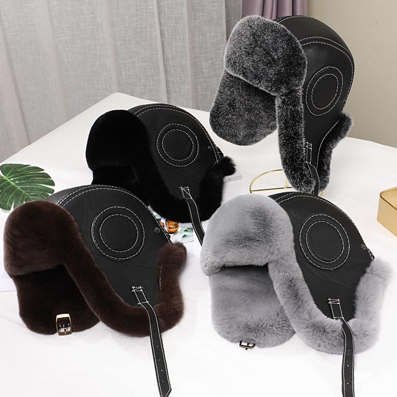 2024 Новые мужские шапки-бомберы из 100% натурального меха кролика Рекс, зимние русские мужские теплые шапки из натуральной овчины, мужские шапки из натурального меха