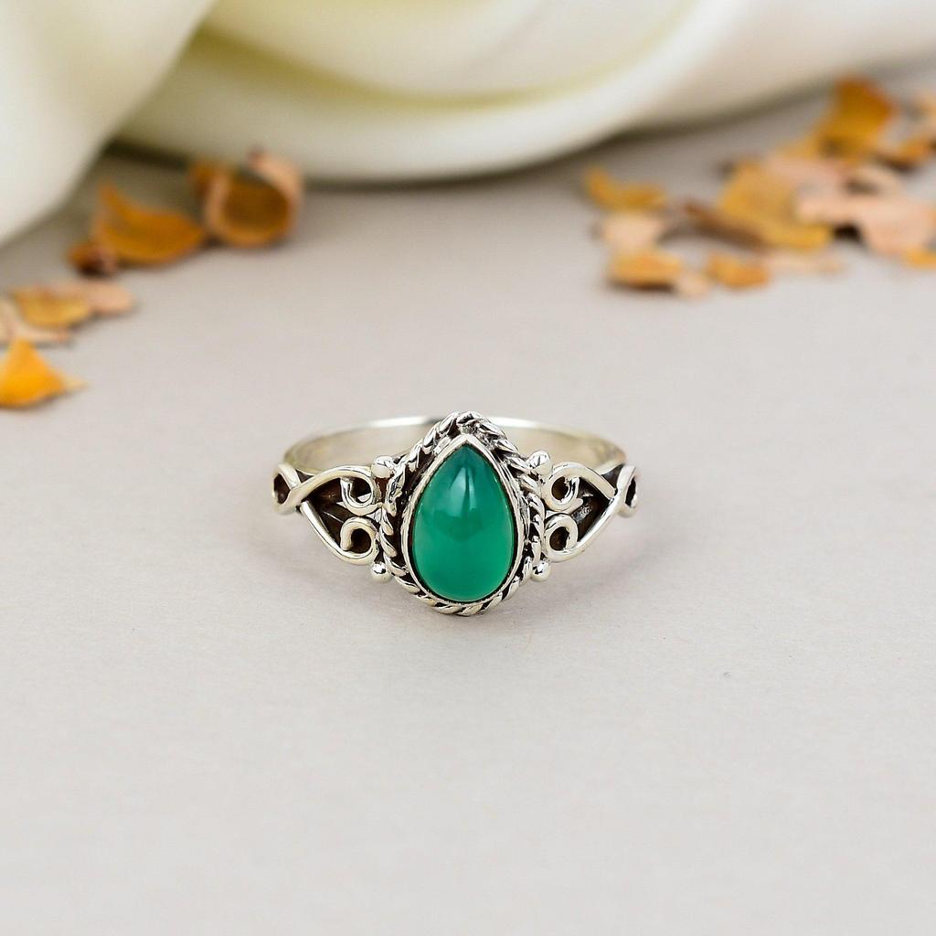 925 Sterling Silver Green Onyx Gemstone Pear Shape Ring For Women