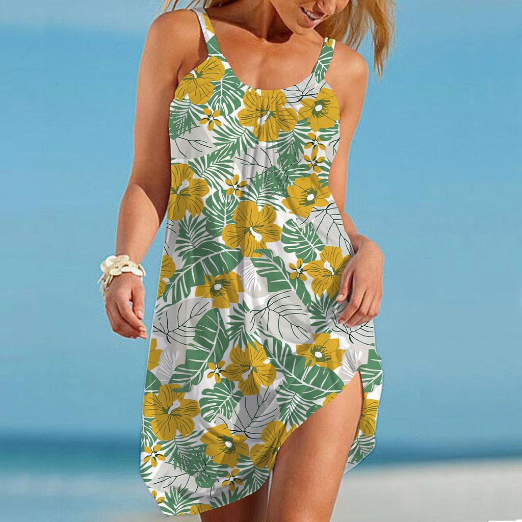 Пляжная одежда Мини-платье с принтом листьев Повседневное современное платье без рукавов Свободный крой Повседневное летнее платье для улицы