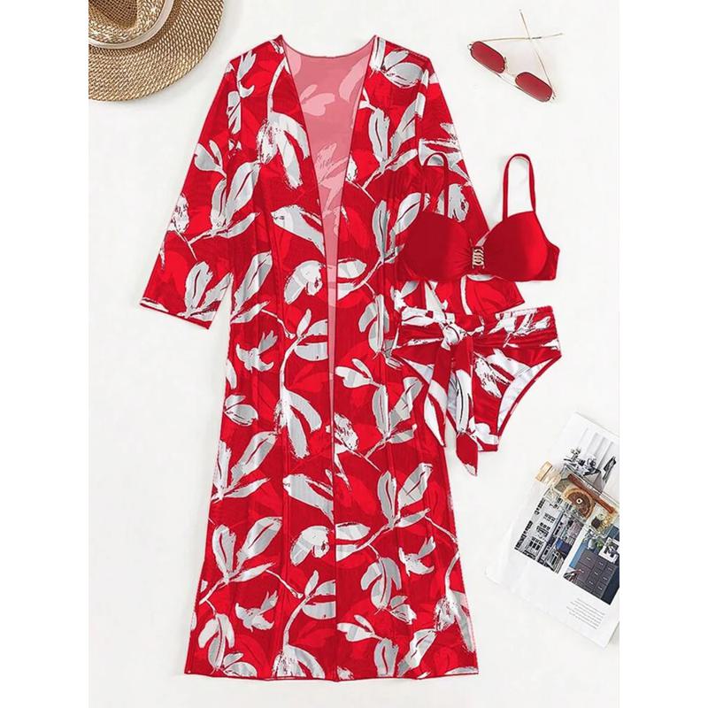 Бикини пуш-ап с принтом растений и кимоно, прикрытый купальник, женский купальник с длинным рукавом, комплект бикини из трех предметов, купальный костюм
